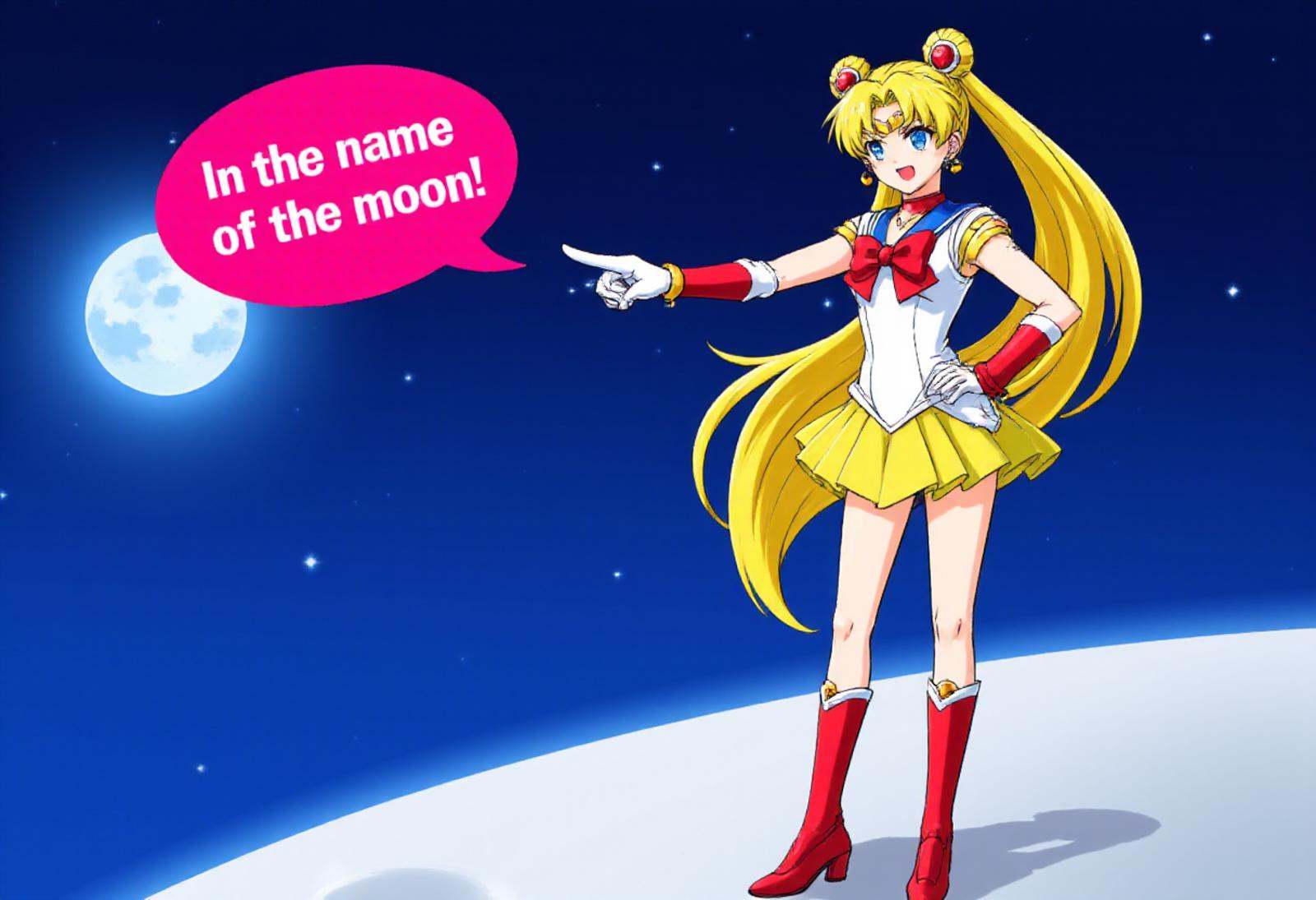 pwobjectionpose,  Sailor Moon on the surface of the moon with the earth and stars in the sky above her,  is pointing her i...