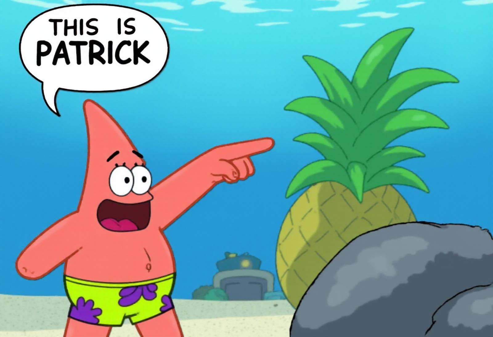 pwobjectionpose,  Patrick Star in an underwater setting is pointing his index finger with confidence and authority at a bi...