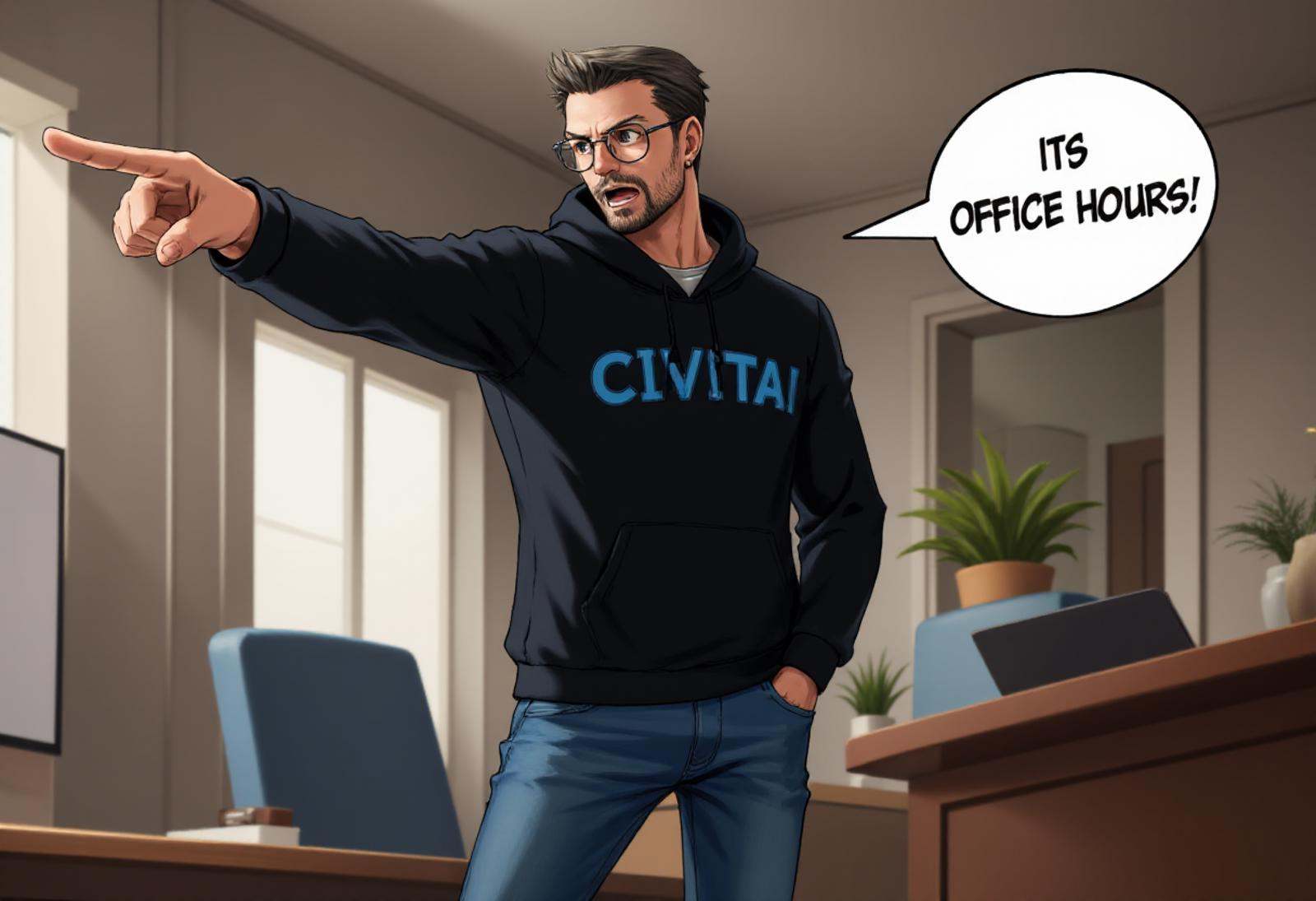 pwobjectionpose,  A man with short close-cropped hair,  a goatee and round glasses is pointing his index finger forward on...