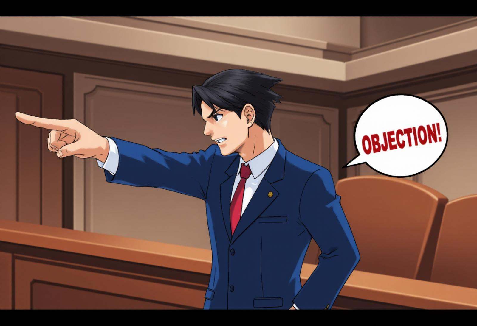 pwobjectionpose,  Phoenix Wright in a courtroom setting pointing his index finger with confidence and authority. He has sl...