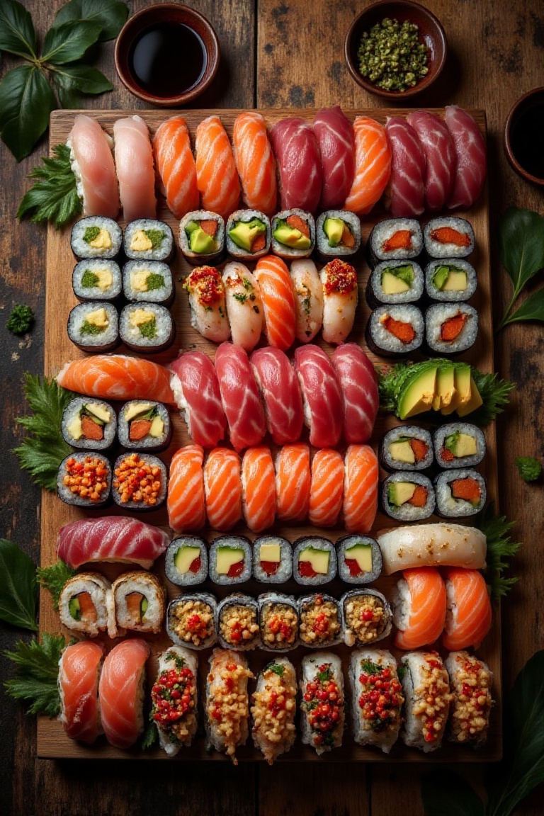 A luxurious sushi board filled with salmon,  tuna,  and shrimp nigiri on Tensor.Art