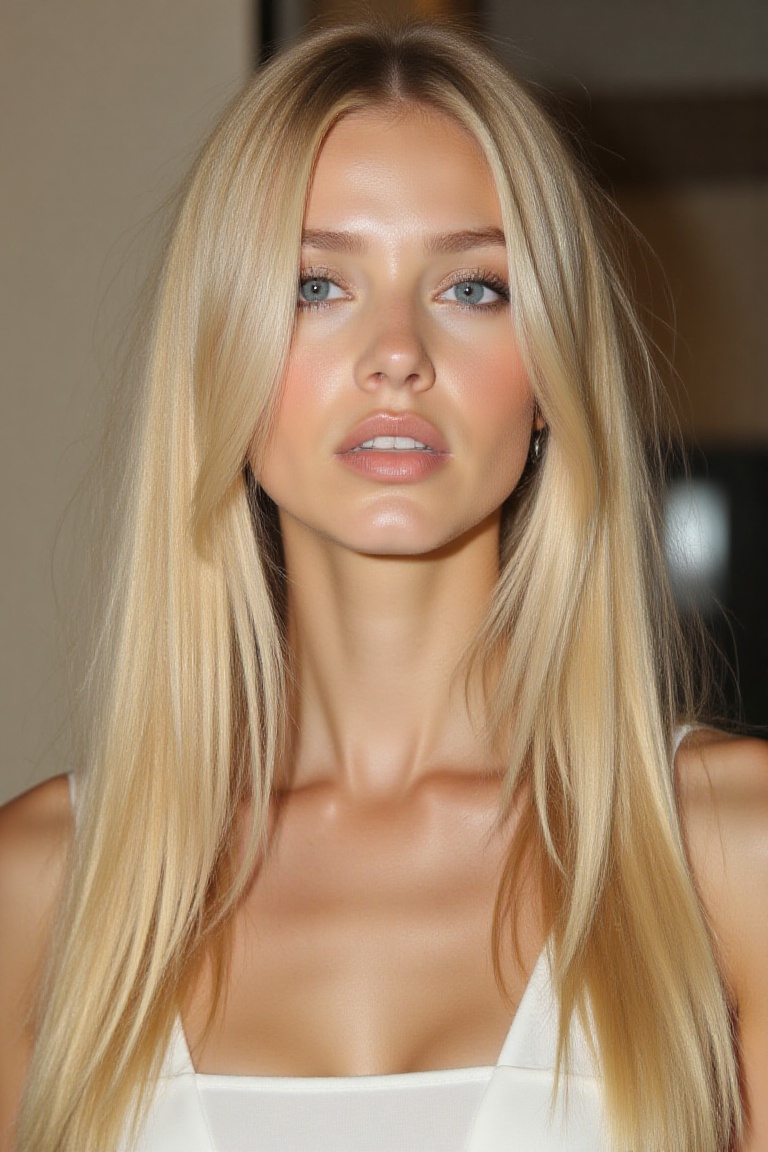 A stunning female model with long,  straight blonde hair,  shiny and flowing on Tensor.Art