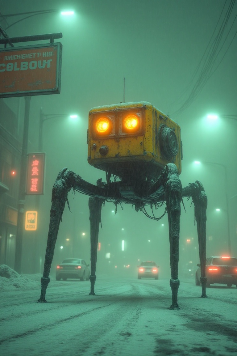 A realistic and cinematic cyberpunk scene of a cold futuristic world. An industrial quadrupedal robot on a snowy street at...