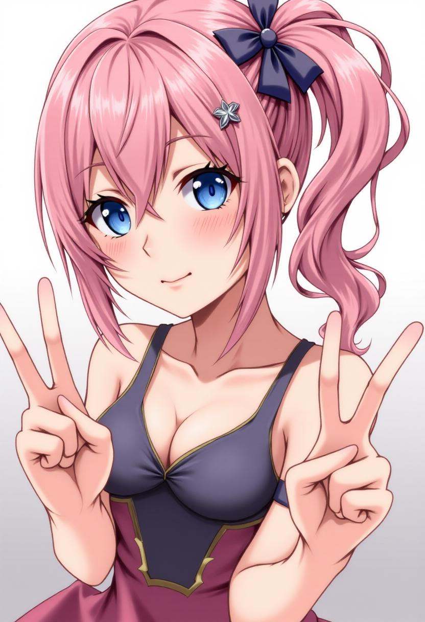 A smiling serah13 with a side ponytail,  showing a double peace sign on Tensor.Art