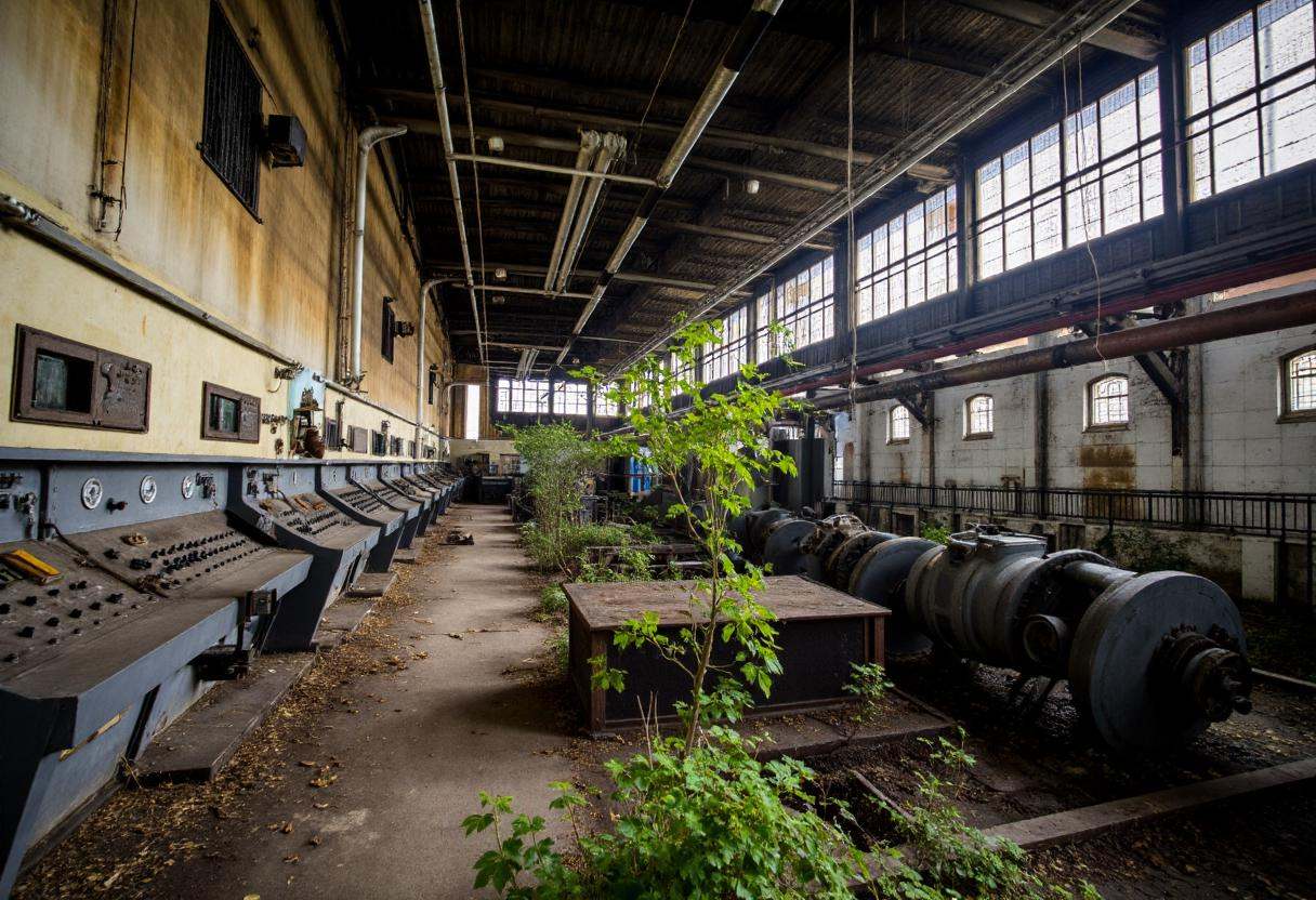 In a desolate power plant's control room,  rows of dusty,  outdated control panels are lined with broken dials and flicker...