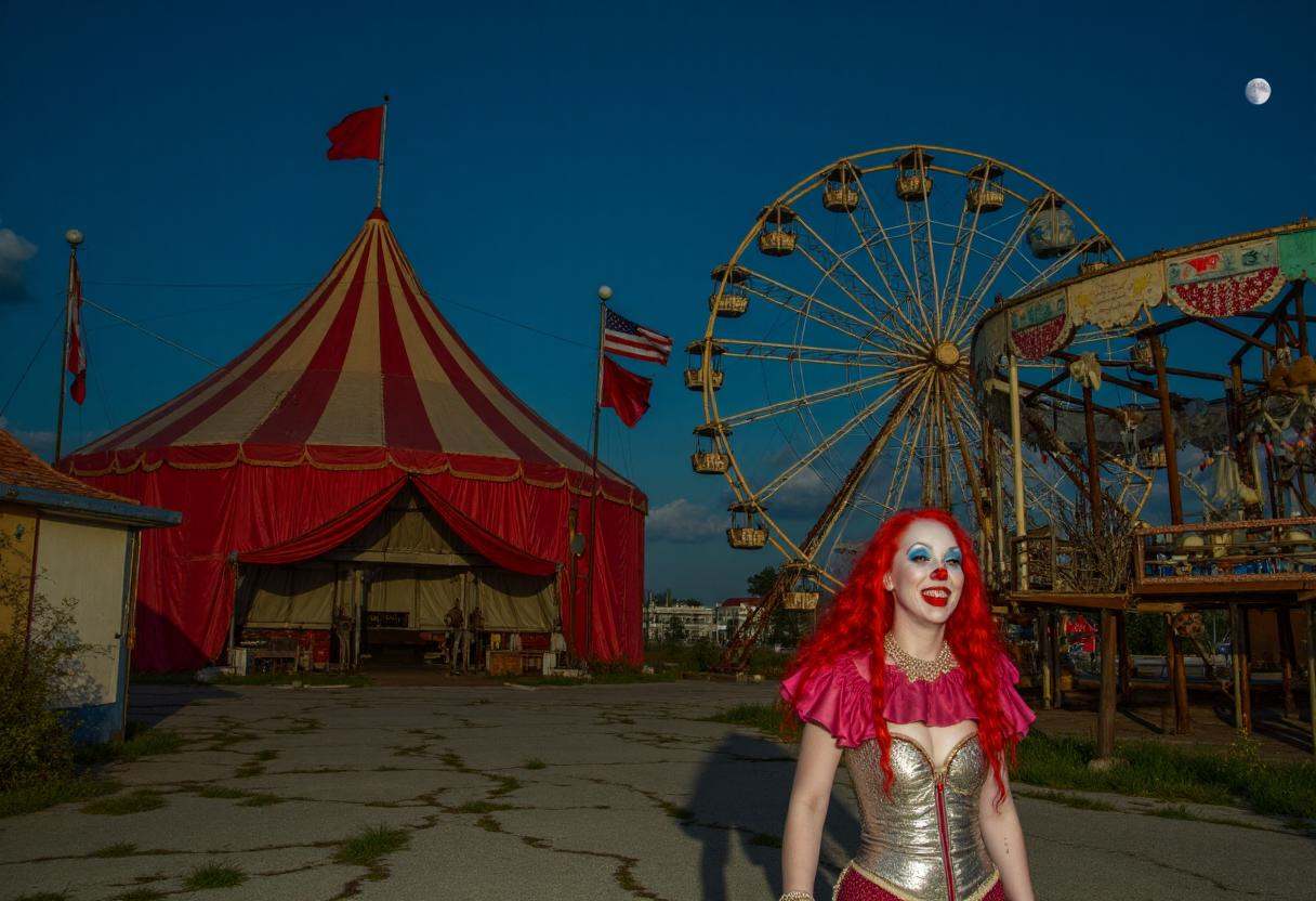Under the dim light of a half-moon,  an abandoned circus stands in eerie silence. The big top tent,  once colorful and liv...