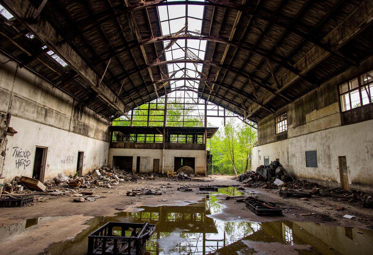 Inside a massive,  hollowed-out warehouse,  metal beams are rusted and sagging on Tensor.Art