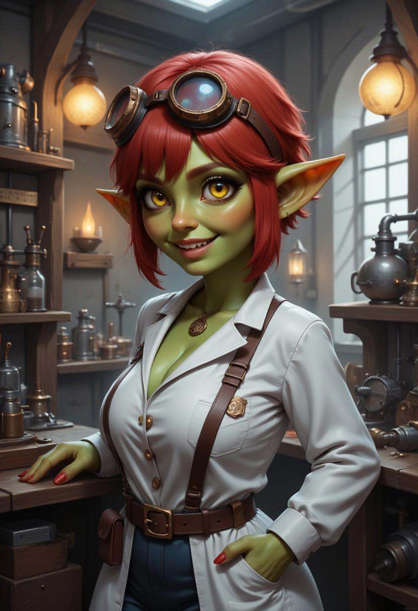 a highly detailed digital illustration of a g0bling1rl with short red hair,  yellow eyes,  goggles on her head on Tensor.Art