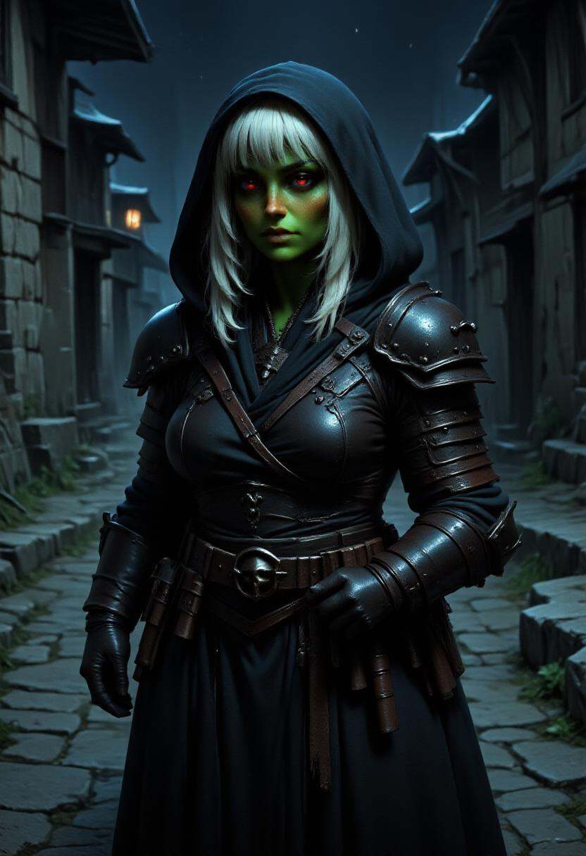 alieffp,  g0bling1rl rogue in black leather armor and hood,  white hair with bangs on Tensor.Art