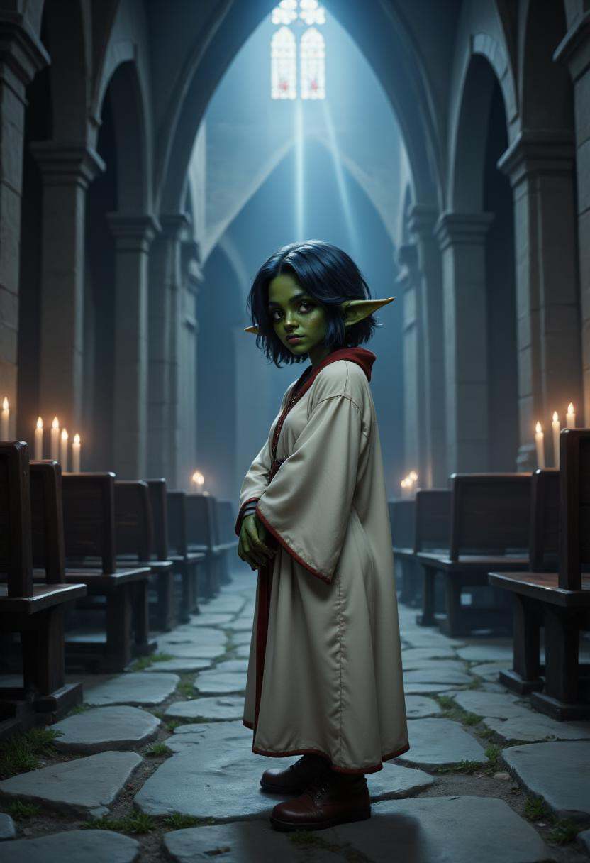 a photo of a g0bling1rl with dark blue hair and green eyes,  wearing white mage's robes with red stitching,  standing in a...