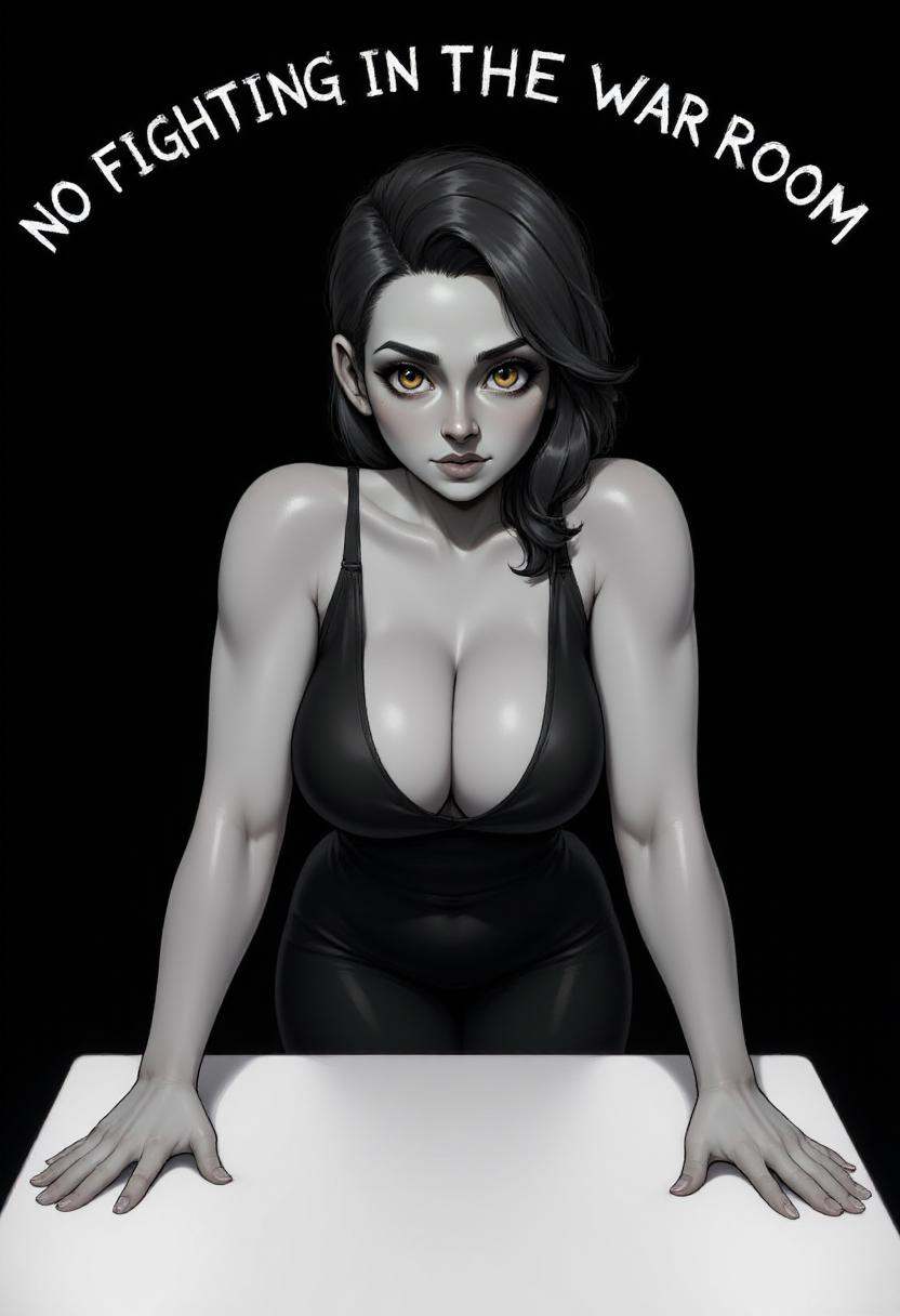monochrome close-up picture of a g0bling1rl in a low-cut black dress leaning forward,  revealing cleavage,  her face serio...