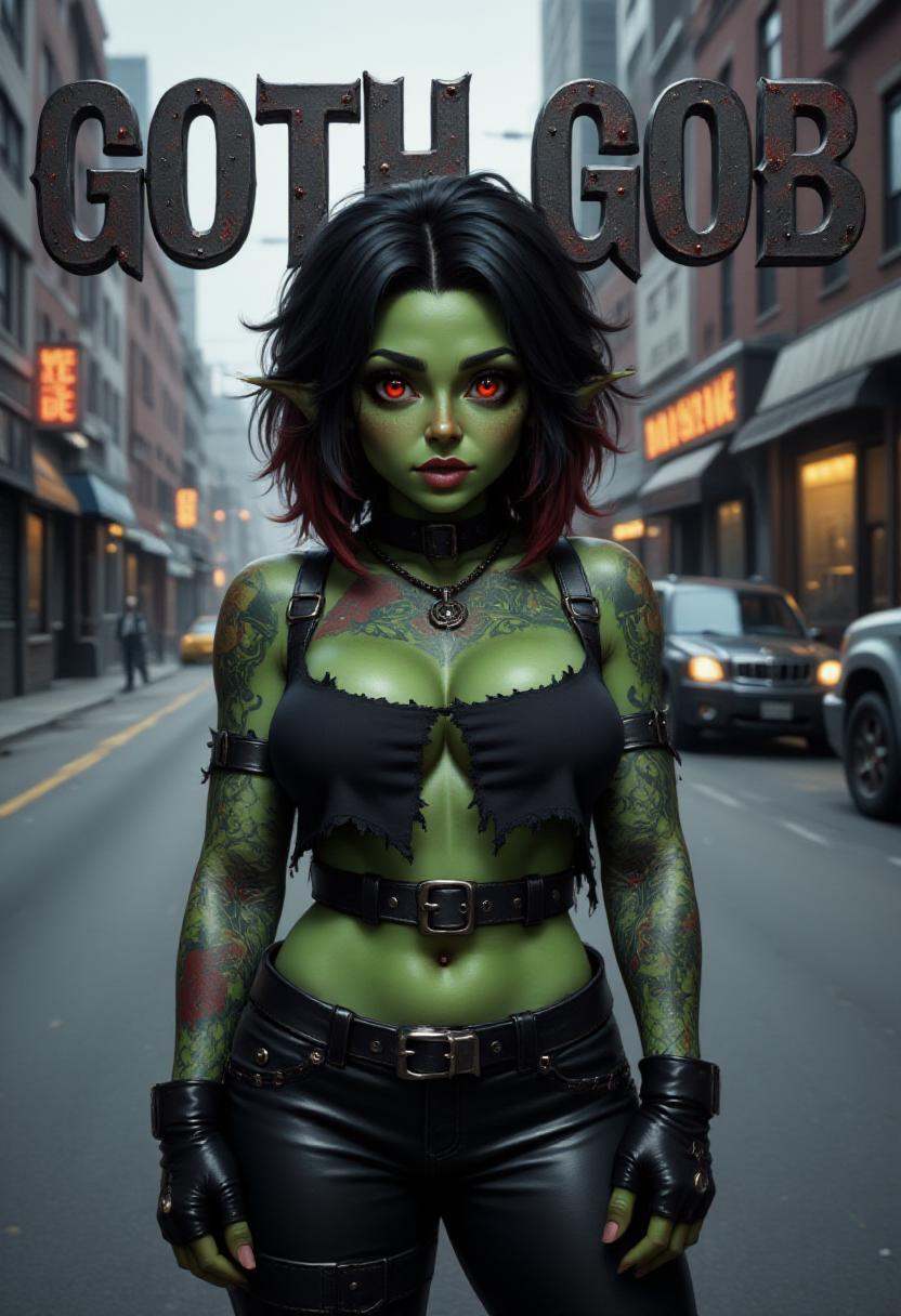 a goth g0bling1rl with red eyes and black hair in a mohawk cut. She wears a torn black croptop with fishnet sleeves,  tatt...
