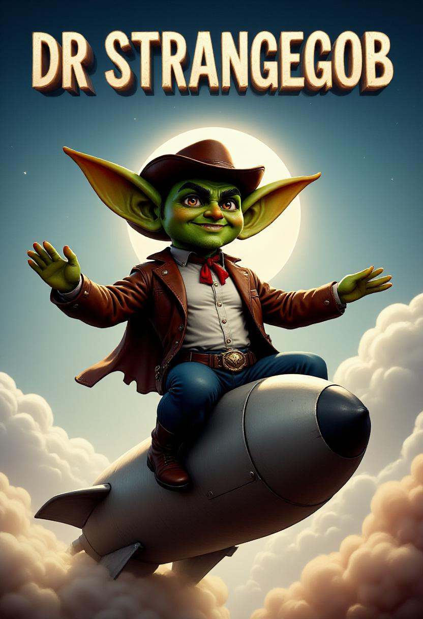 a highly detailed movie poster of a g0bling1rl dressed in a cowboy's outfit straddling a giant missile on a background of...
