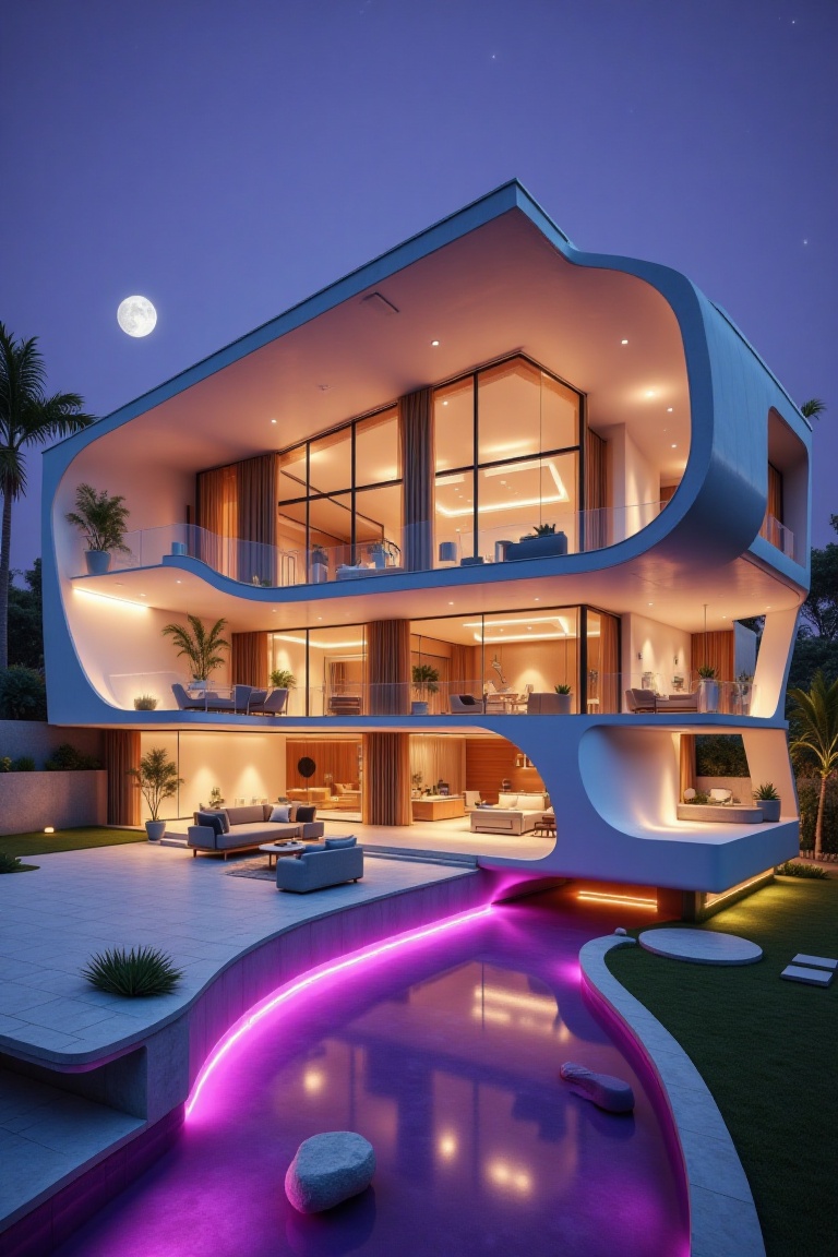 Beautiful modern interior house with long section design,  reflection,  purple light on Tensor.Art