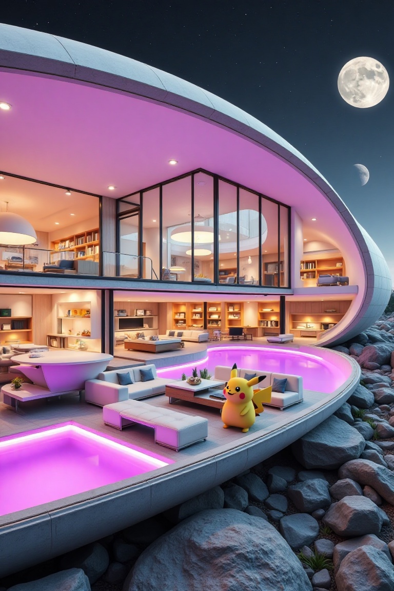 Beautiful modern spaceship with section design,  purple light,  furniture on Tensor.Art