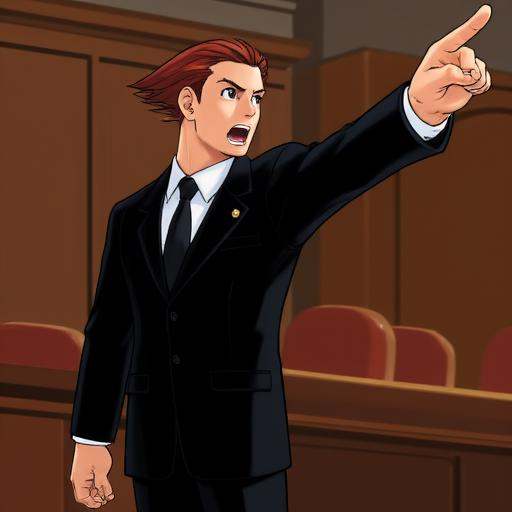 pwobjectionpose,  a cartoon image of a man in a black suit,  white shirt and black tie with slicked back red hair extendin...