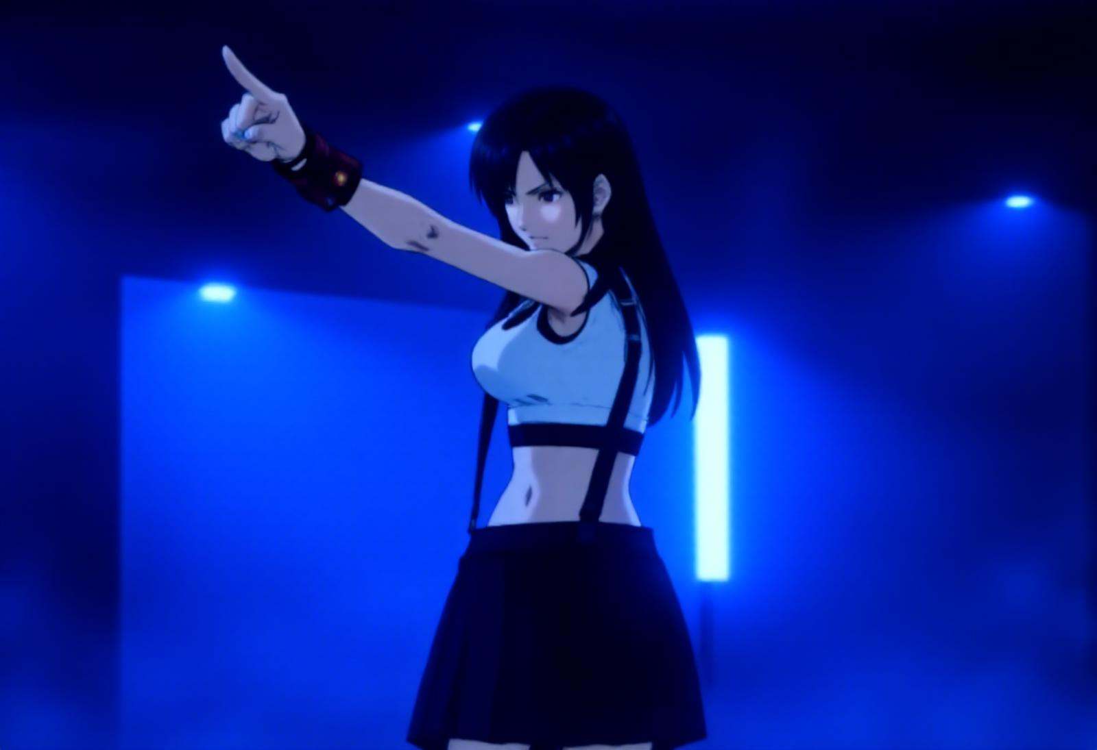 anime picture of TifaLockhart doing the pwobjectionpose,  her arm extended and her index finger pointing forward. She is w...