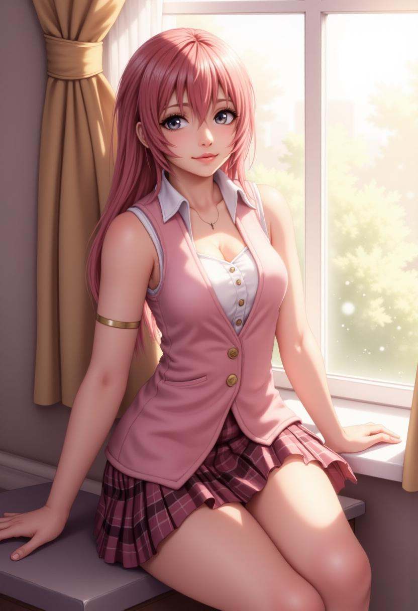 serah13,  wearing a white sleeveless button up top,  pink vest and tartan skirt on Tensor.Art