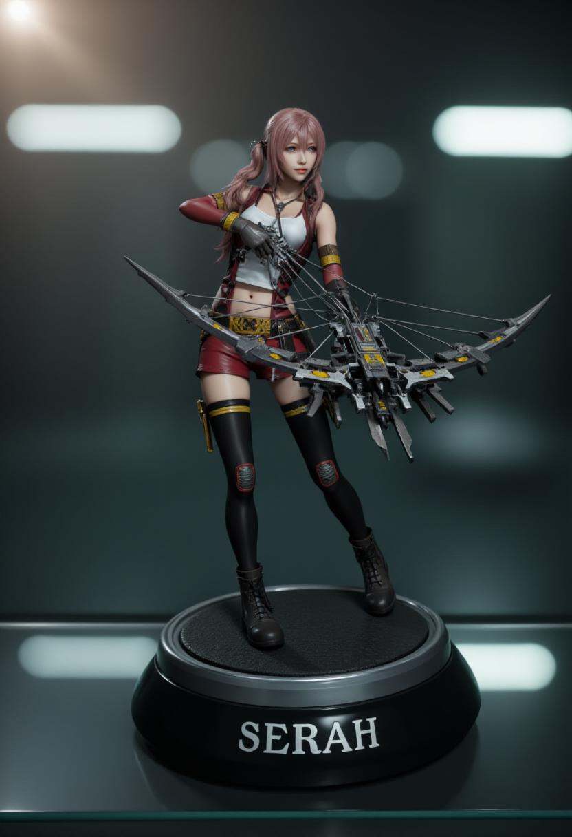 a highly detailed vinyl collector's figurine of serah13 aiming a crowwbow,  with a fierce expression on her face. The figu...