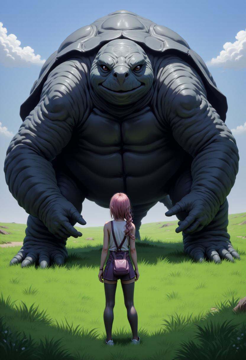 A diorama of Serah13 standing on a grassy field facing down a giant black turtle on Tensor.Art
