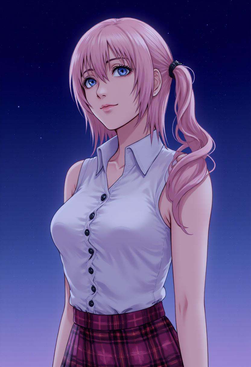 serah13,  wearing a white sleeveless button up top and plaid skirt,  looking up towards a starry sky on Tensor.Art