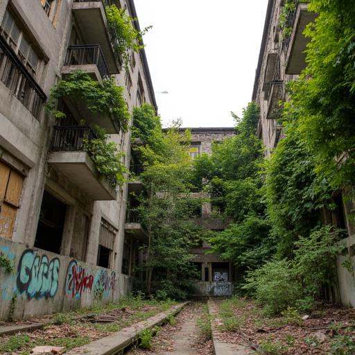 An abandoned city in decay,  with graffiti on the walls,  boarded up windows on Tensor.Art