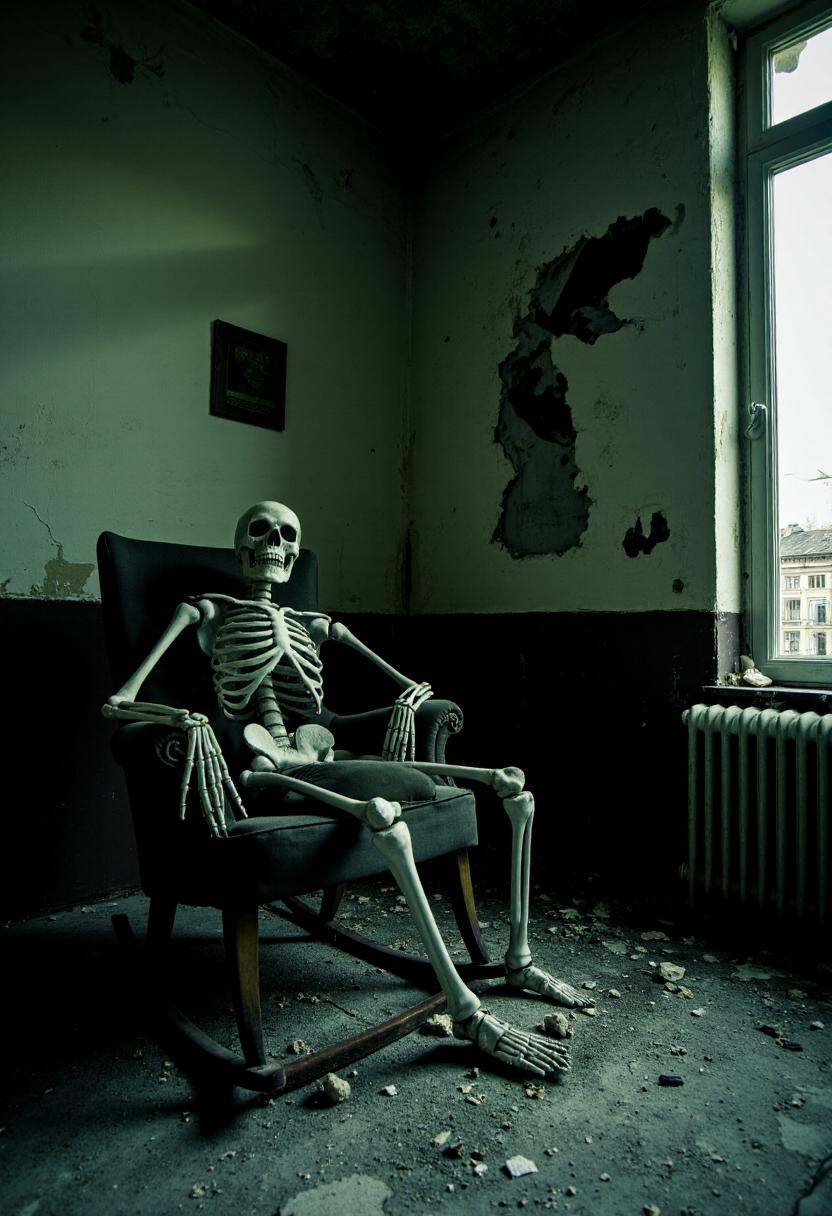A skeleton sitting on a faded rocking chair in a moonlit crumbling apartment,  decaying and neglected. The scene is very d...