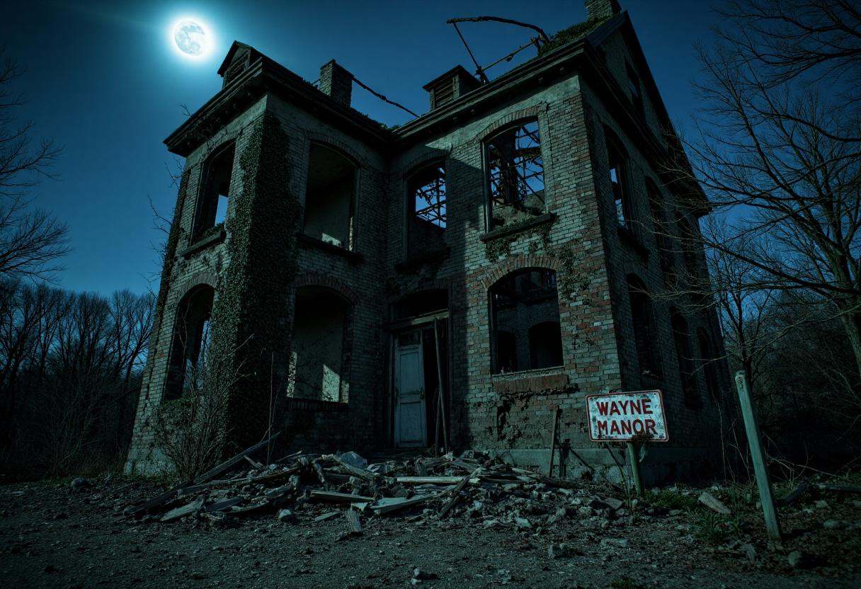 The dark gothic mansion is a crumbling ruin,  with its façade cracked and overgrown by vines. Fissures run through the wal...