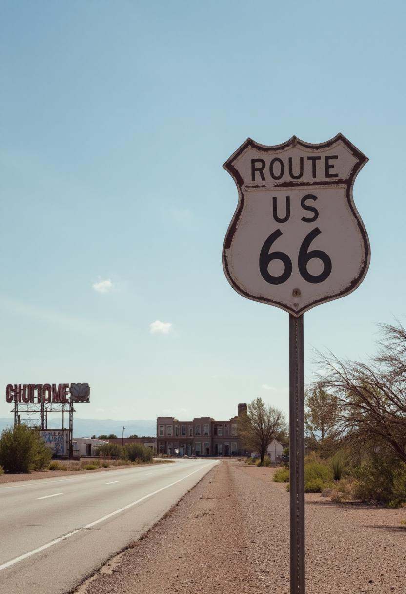 A desolate highway,  with a roadsign in the foreground that reads "Route 66". It leads to an abandoned town,  with crumbli...