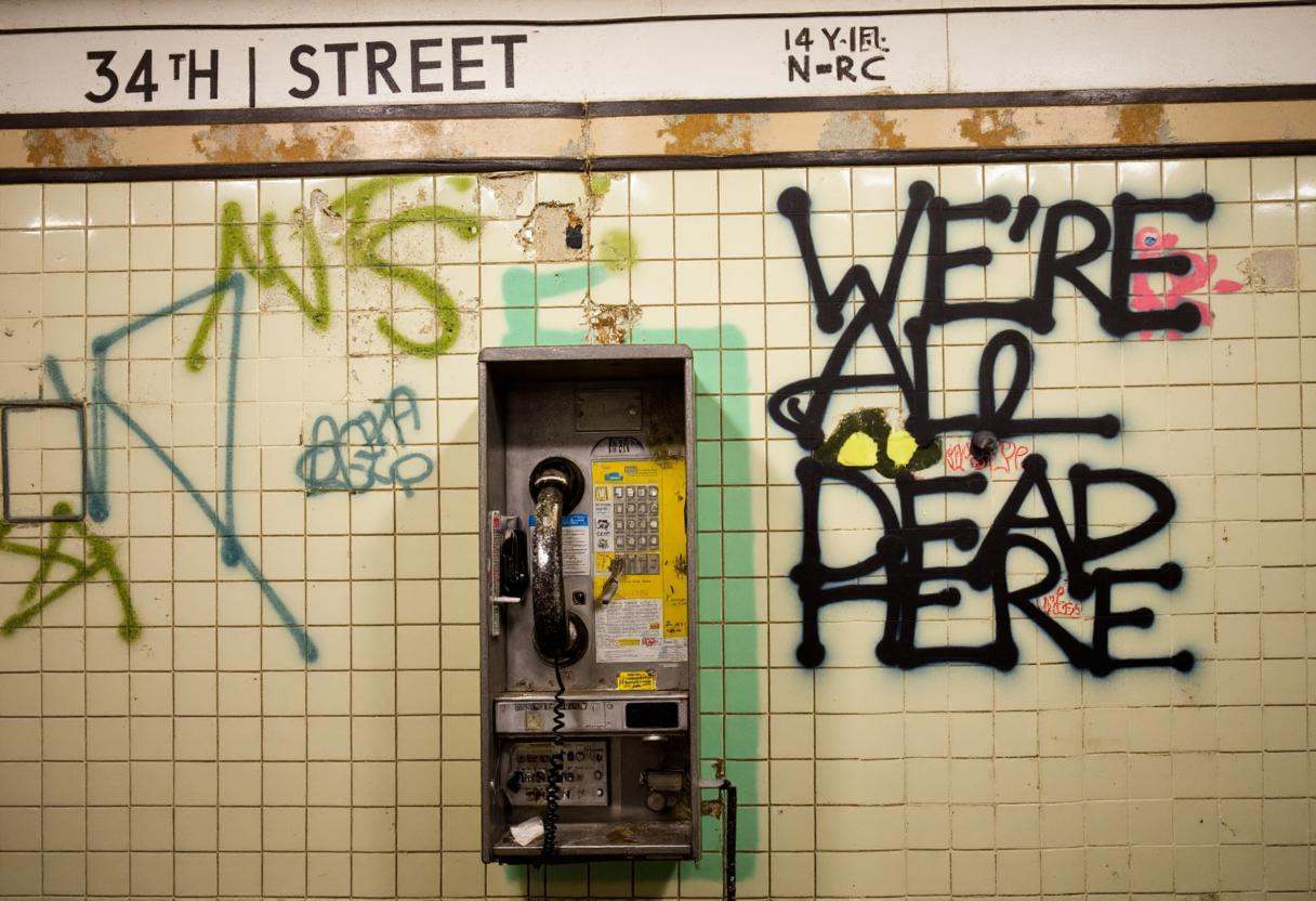 Closeup of a broken payphone on a tiled subway station wall. The wall is full of missing tiles. The station name "34TH STR...