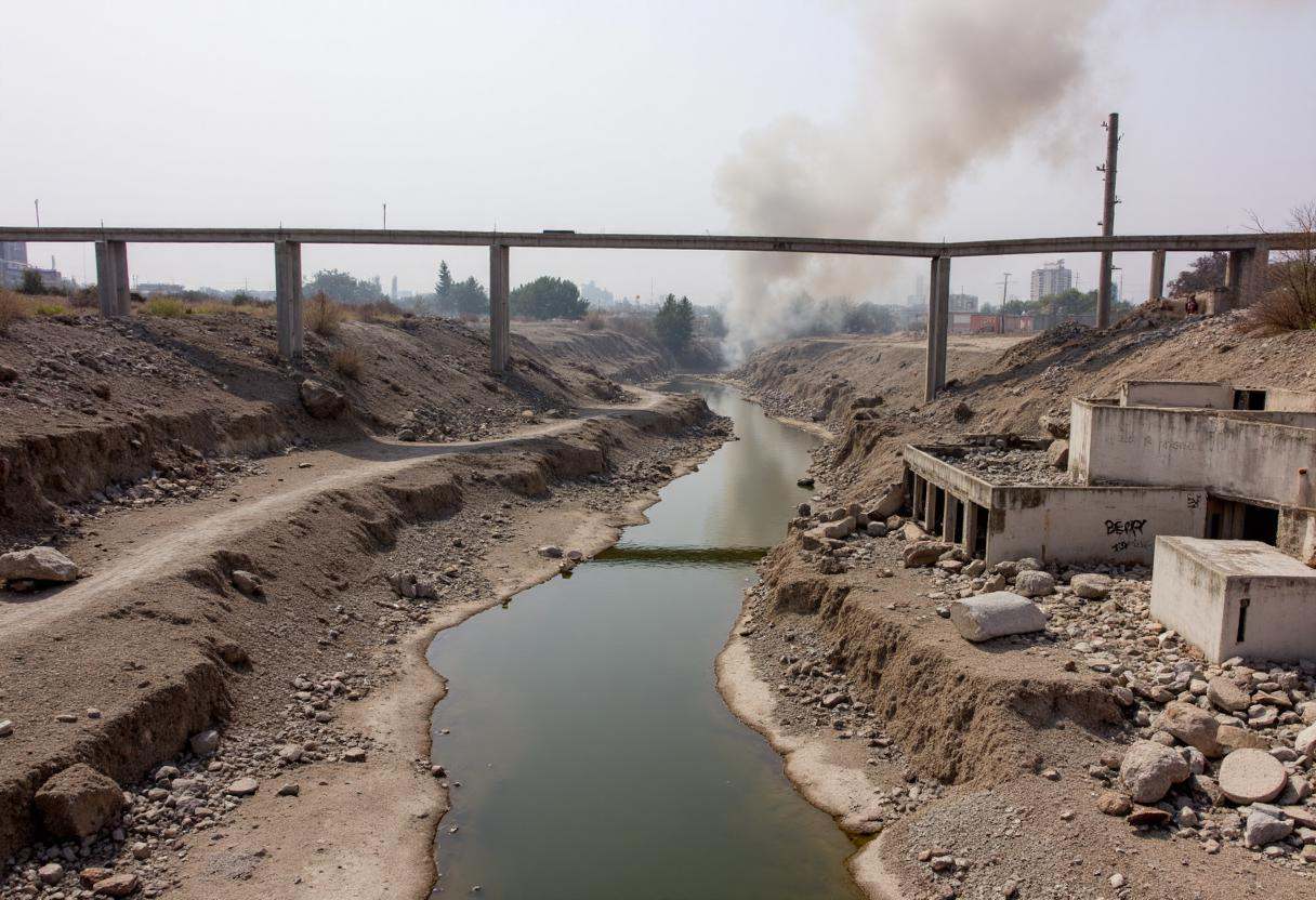The remnants of bridges hang precariously over dry,  polluted riverbeds. Smoke rises from scattered fires,  the only sign...