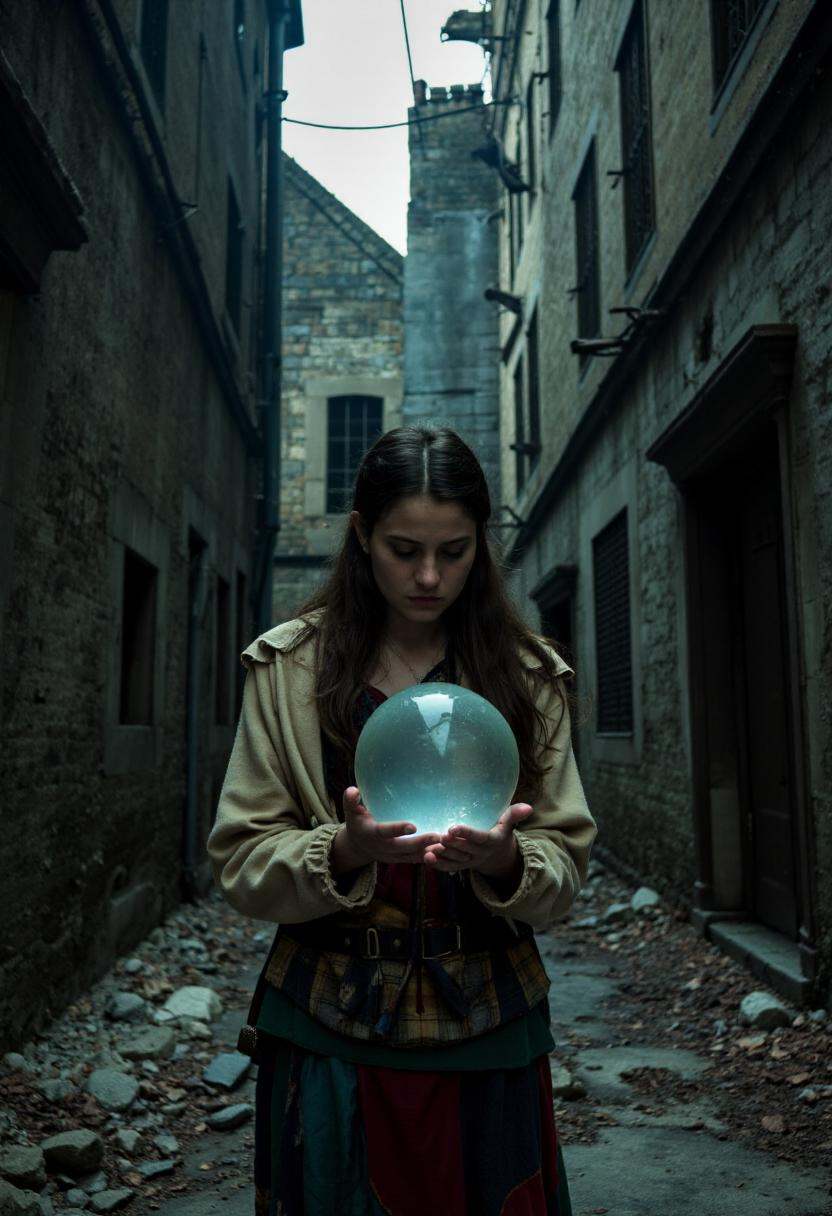 A dark,  ruined medieval street scene,  where a very poor woman on Tensor.Art