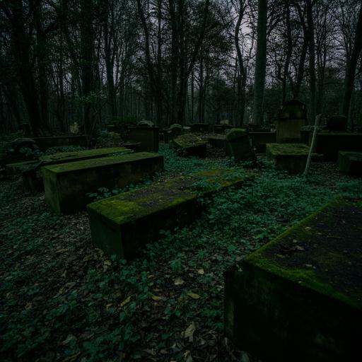 An overgrown cemetery at night,  with broken down tombs covered in dust and decay. on Tensor.Art