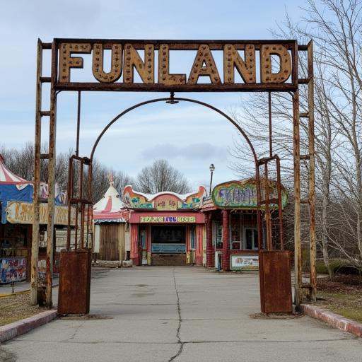 A rusty metal arch with the word "FUNLAND" in broken light bulb letters in the forgeround,  leads to an abandoned amusemen...