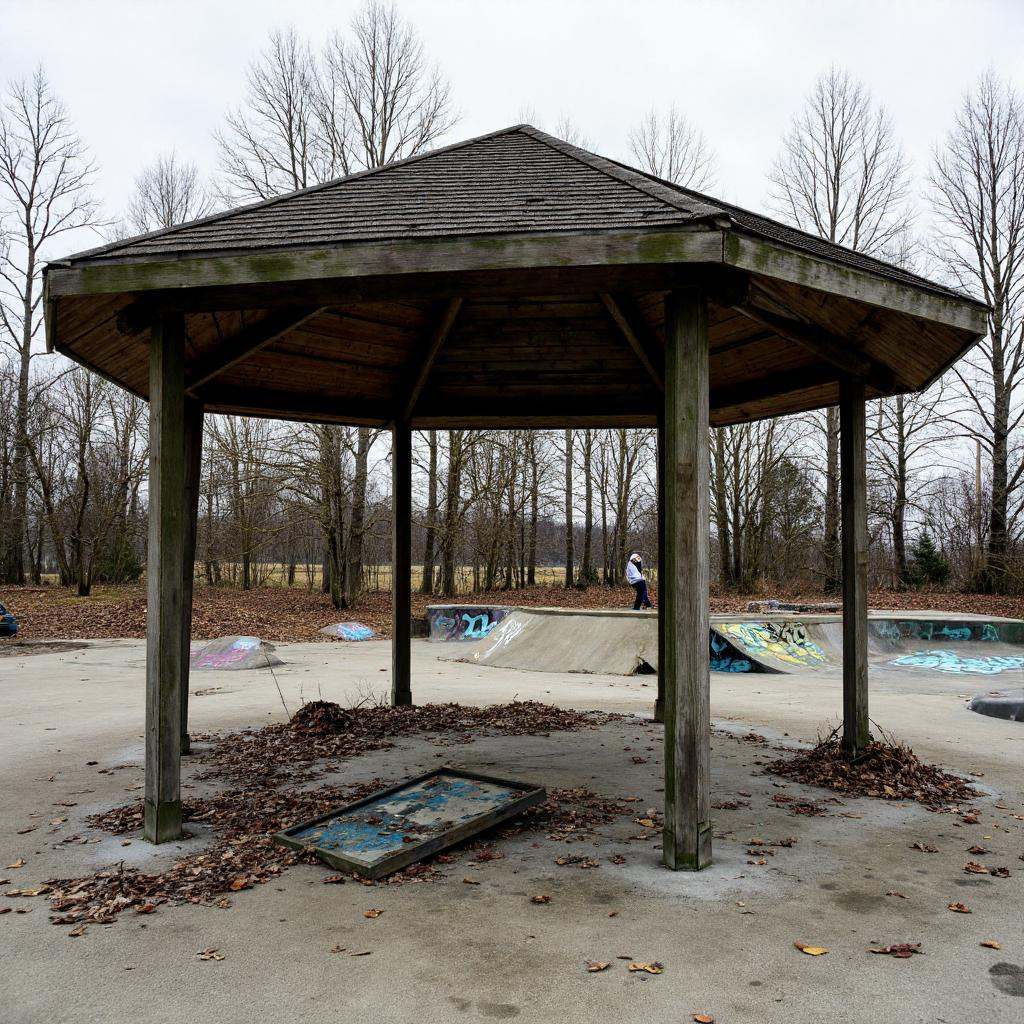 An decaying and broken gazebo in a skate park full of graffiti on Tensor.Art
