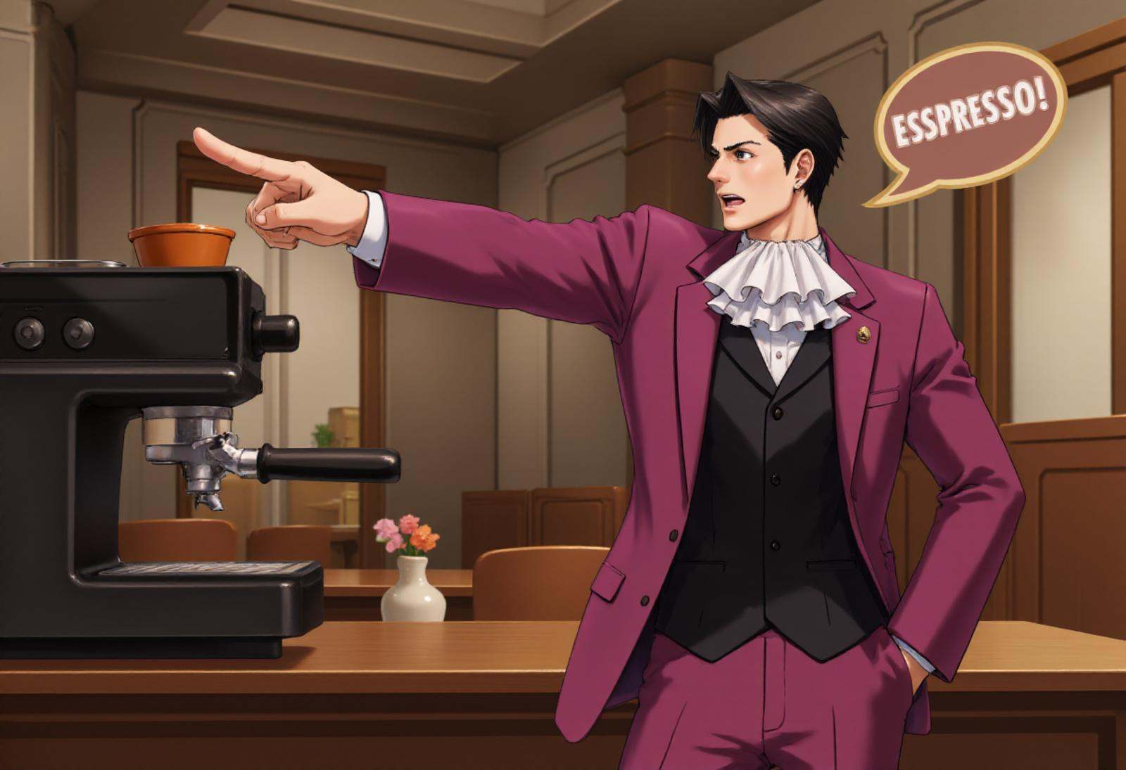 pwobjectionpose,  a man inside a setting pointing his index finger with confidence and authority at the espresso machine....