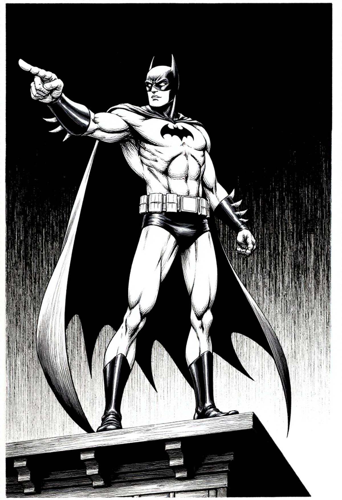 pwobjectionpose,  Batman stands atop a rooftop at night. He is pointing his index finger dramatically,  his arm extended....