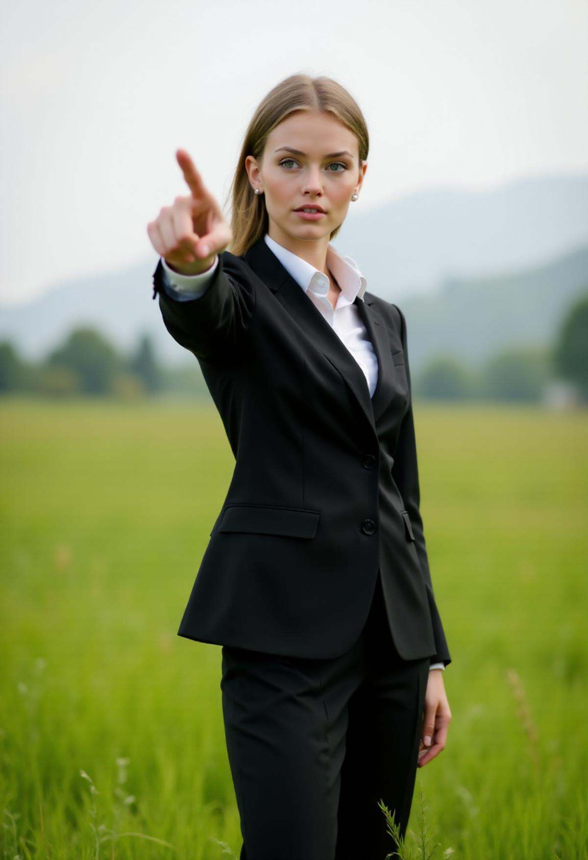pwobjectionpose,  A woman in a formal black suit and a white blouse stands in a field,  striking a confident pwobjectionpo...