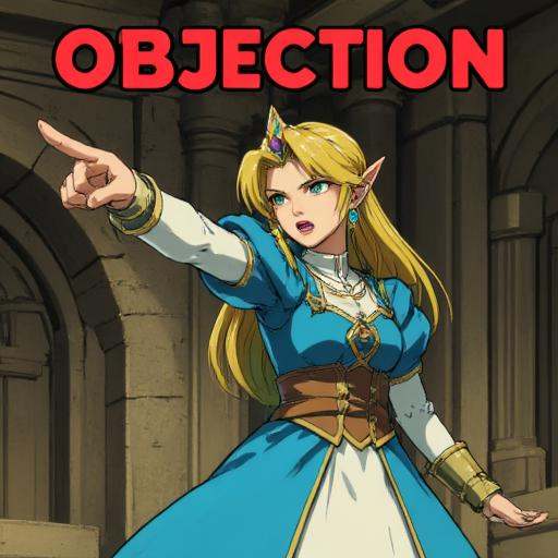 A high quality anime image of Princess Zelda doing the pwobjectionpose inside her stone castle,  with her arm extended and...