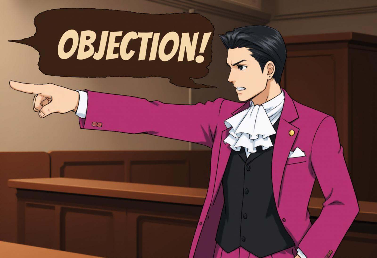 pwobjectionpose,  Miles Edgeworth in a coffee shop pointing his index finger with confidence and authority. He has neatly...