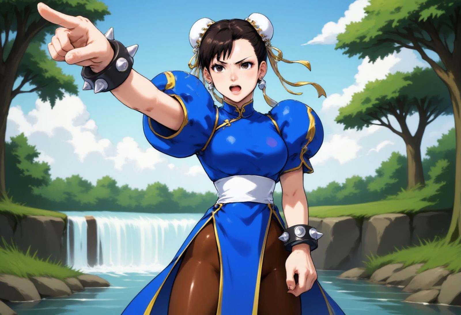 anime picture of Chunli doing the pwobjectionpose,  her arm extended and her index finger pointing forward,  with a spiked...