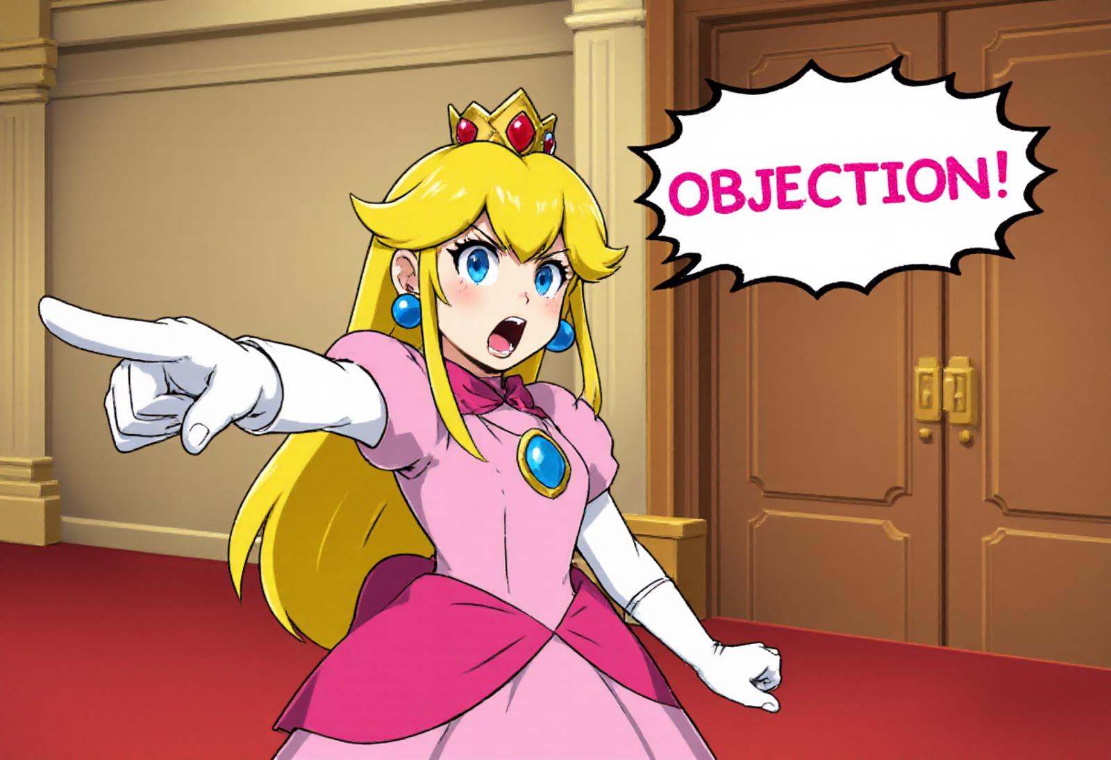 pwobjectionpose,  Princess Peach in a ballroom setting pointing her index finger with confidence and authority. Her mouth...