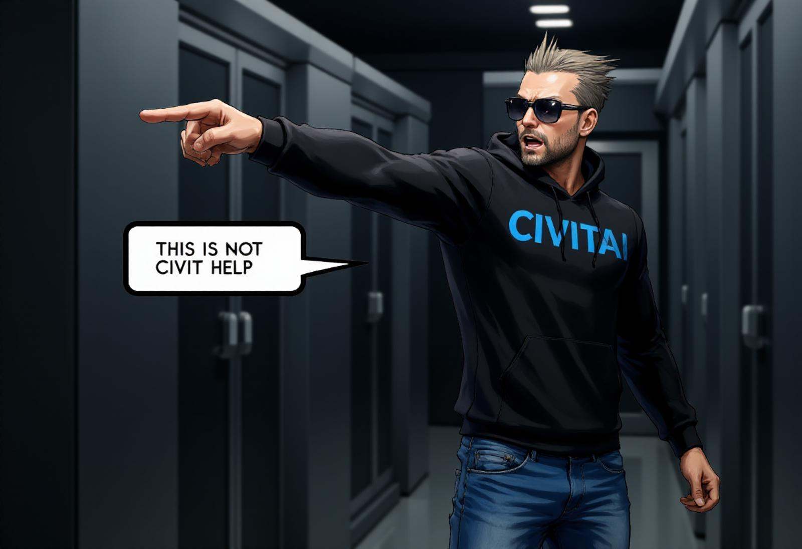 pwobjectionpose,  A man with buzzed hair,  a goatee and sunglasses is pointing his index finger with confidence and author...