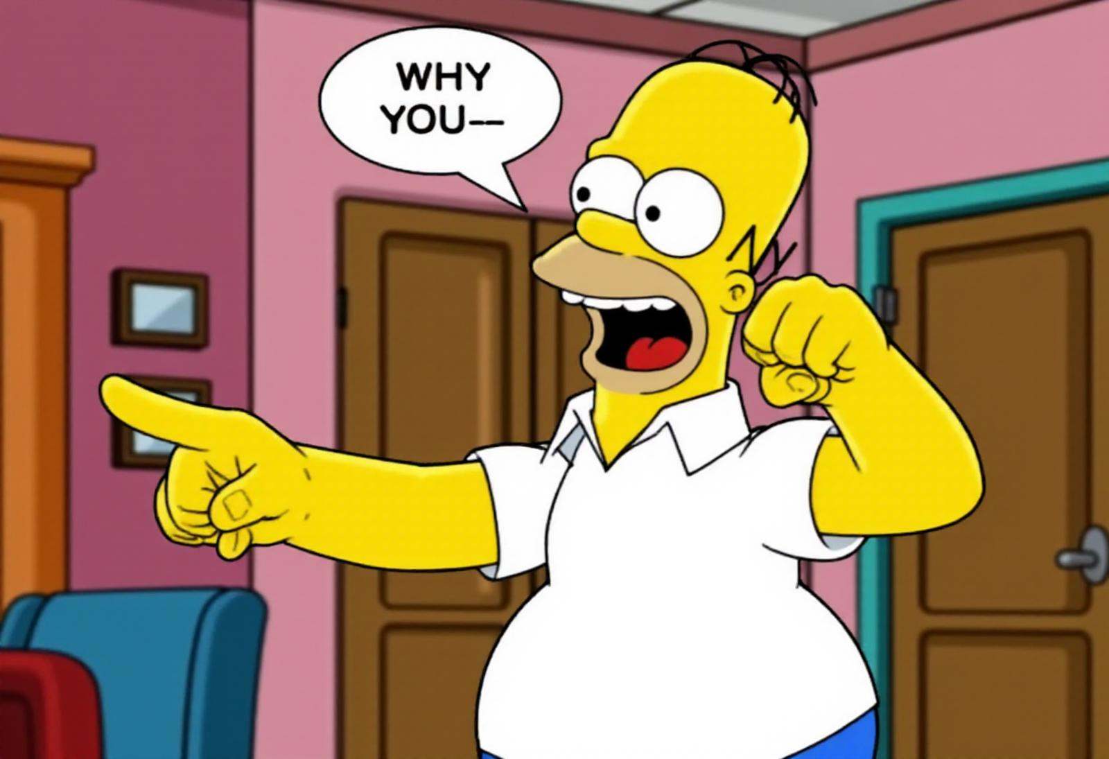 Homer Simpson doing the pwobjectionpose,  his right arm down his side with his left arm extended outwards and his index fi...