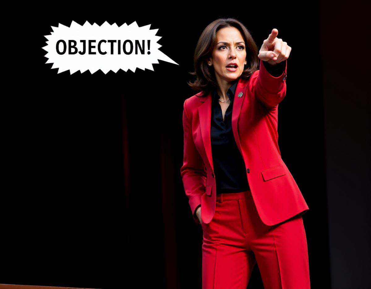 pwobjectionpose,  a high resolution photograph of Kamala Harris in a red pantsuit and black blouse pointing her index forw...