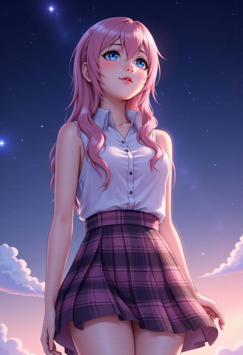 serah13,  wearing a white sleeveless button up top and tartan skirt,  looking up towards a starry sky on Tensor.Art