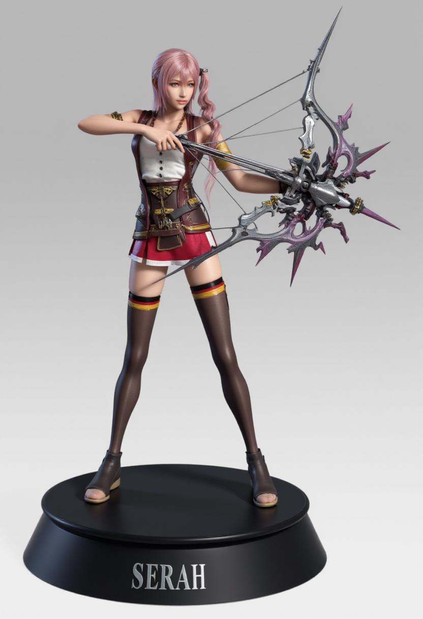 a highly detailed vinyl collector's figurine of serah13 striking a pose as she aims her bow,  with a fierce expression on...