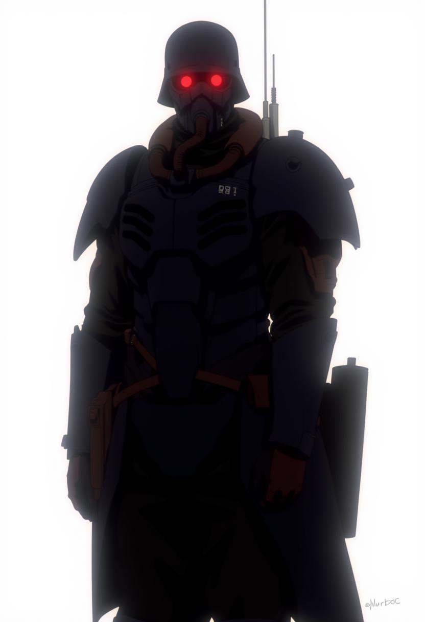 j1nr0h,  anime,  a man wearing military armor with a rebreather mask and glowing red eyes on Tensor.Art