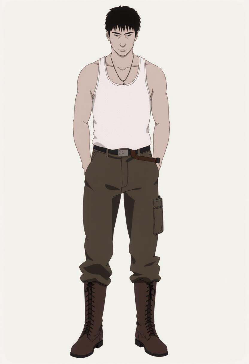 j1nr0h,  anime,  a young man wearing a white **** top and military boots on Tensor.Art