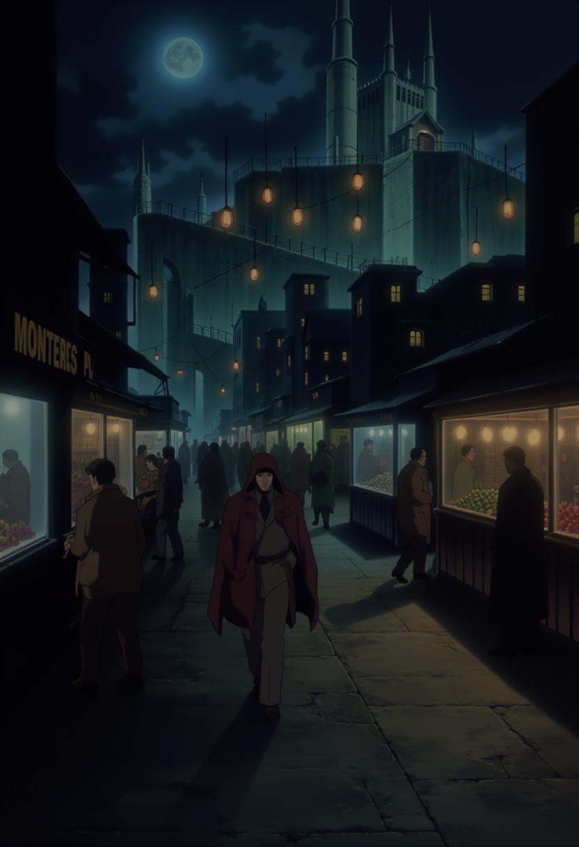 j1nr0h,  anime,  A man in a hooded cloak navigates through a bustling market in a magical city built on the edge of a clif...